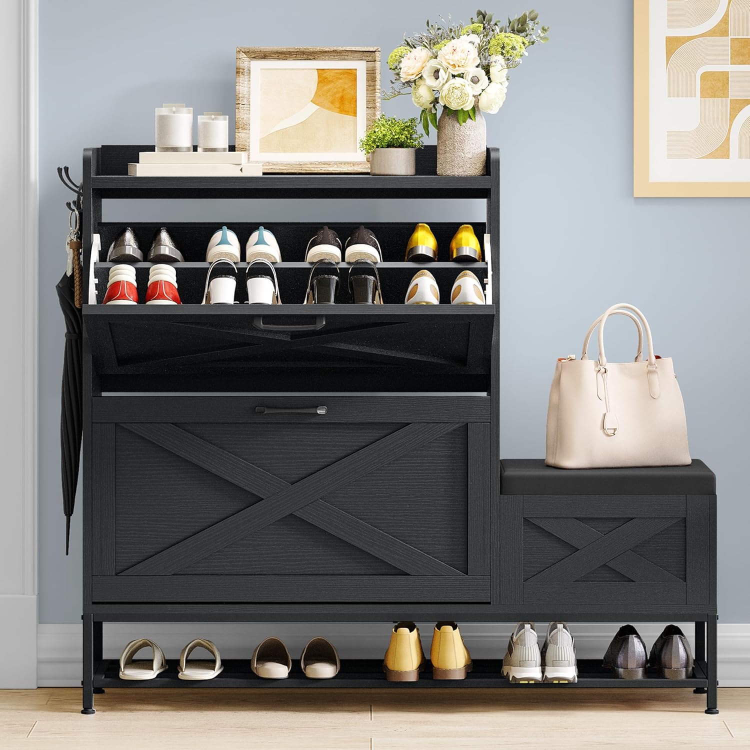 DWVO Farmhouse Shoe Storage Cabinet with 2 Flip Drawers for 16 Pairs, Entryway Shoe Storage with Shoe Bench, Narrow Slim Shoe Cabinet for Entryway, Living Room, Hallway (Black)