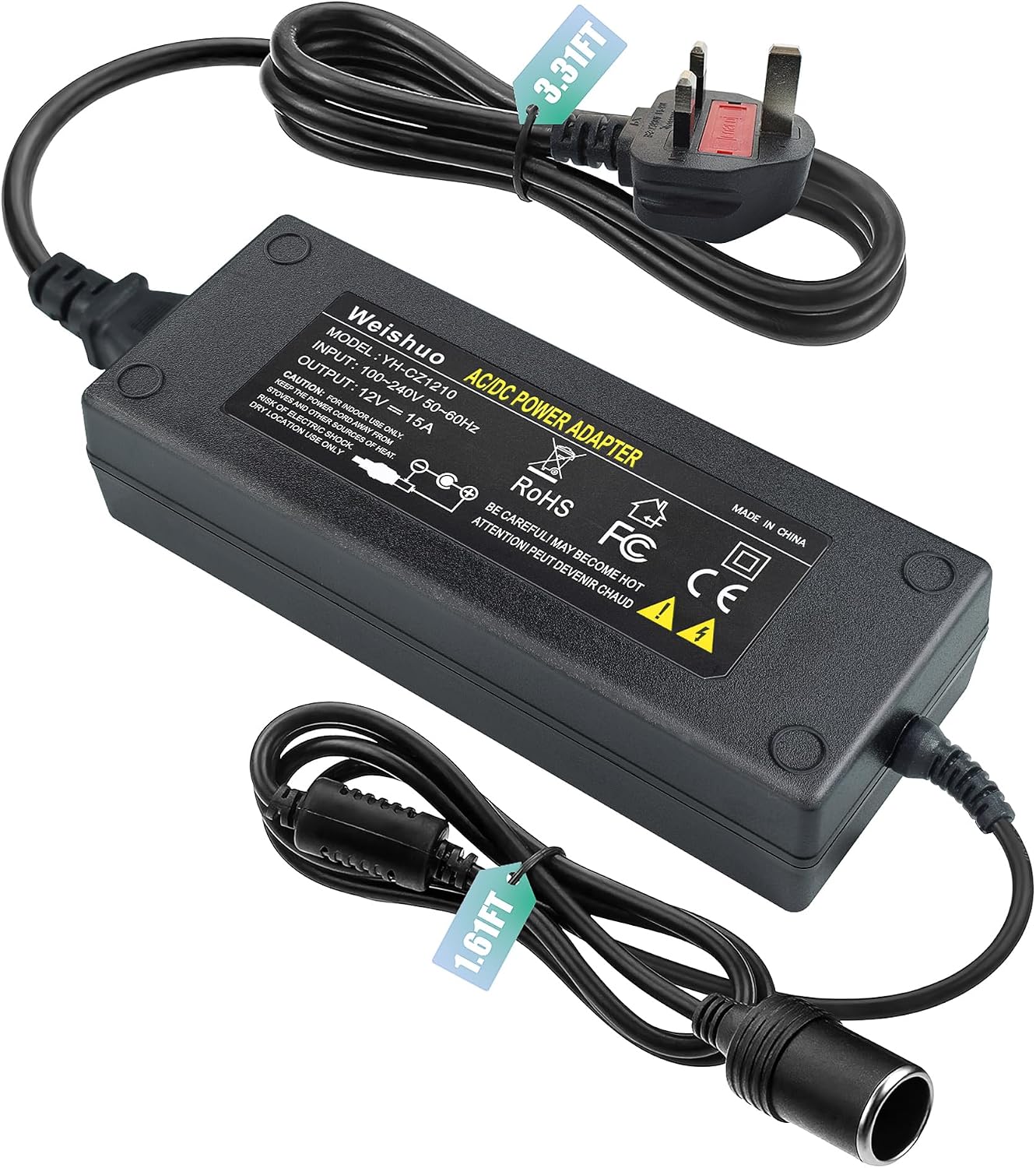 220V to 12V Adapter 15A 180W - UK 3-Pin Plug AC to DC Car Power Converter, Cigarette Lighter Socket for Vehicle Refrigerator, Tire Inflator, Automotive Vacuum & Road Trip/Home Use