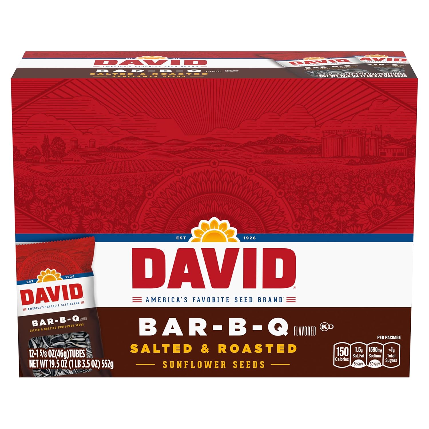 DAVID Roasted and Salted Sunflower Seeds, Bar-B-Q Flavor, 1.625oz. (Pack of 12)