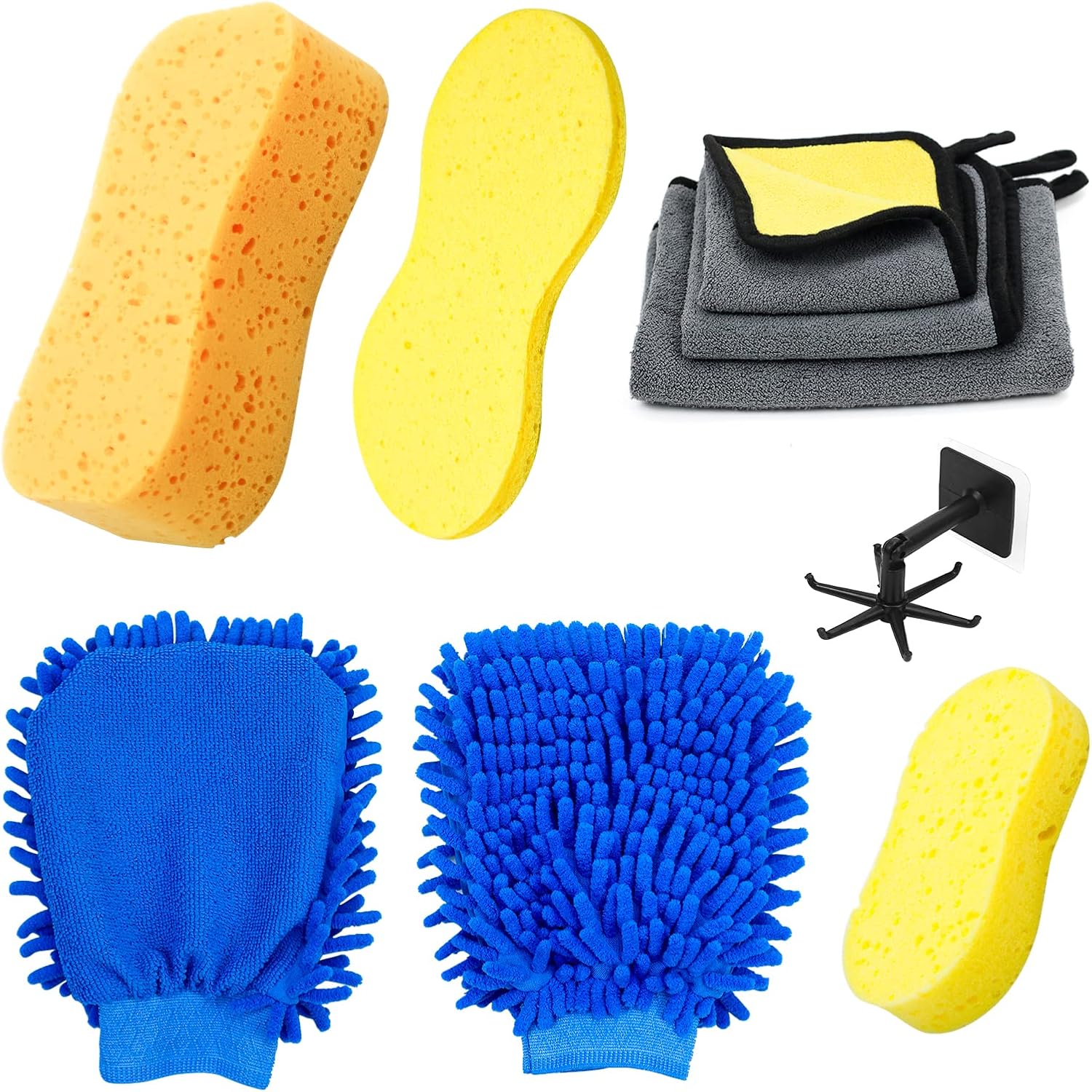 Car Cleaning Kit 9Pcs, jumbo Car Sponge Super Absorbent Car Wash Sponges Thick Microfibre Cleaning Cloth Scratch Free Double-side Car Wash Mitts for Windscreen Bodywork Inside (Yellow)