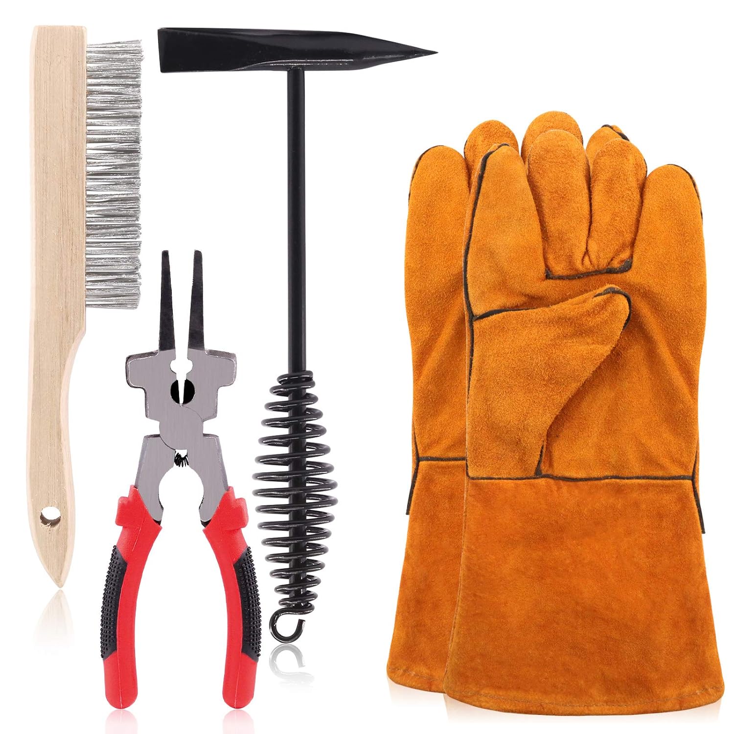 Swpeet 5Pcs 10 Inch Scratch Wire Brush, Welding Hammers Slag Removal Tool With Gloves, 8 Inch Plier and 10 Inch Chipping Hammer With Steel Coil Spring Handle