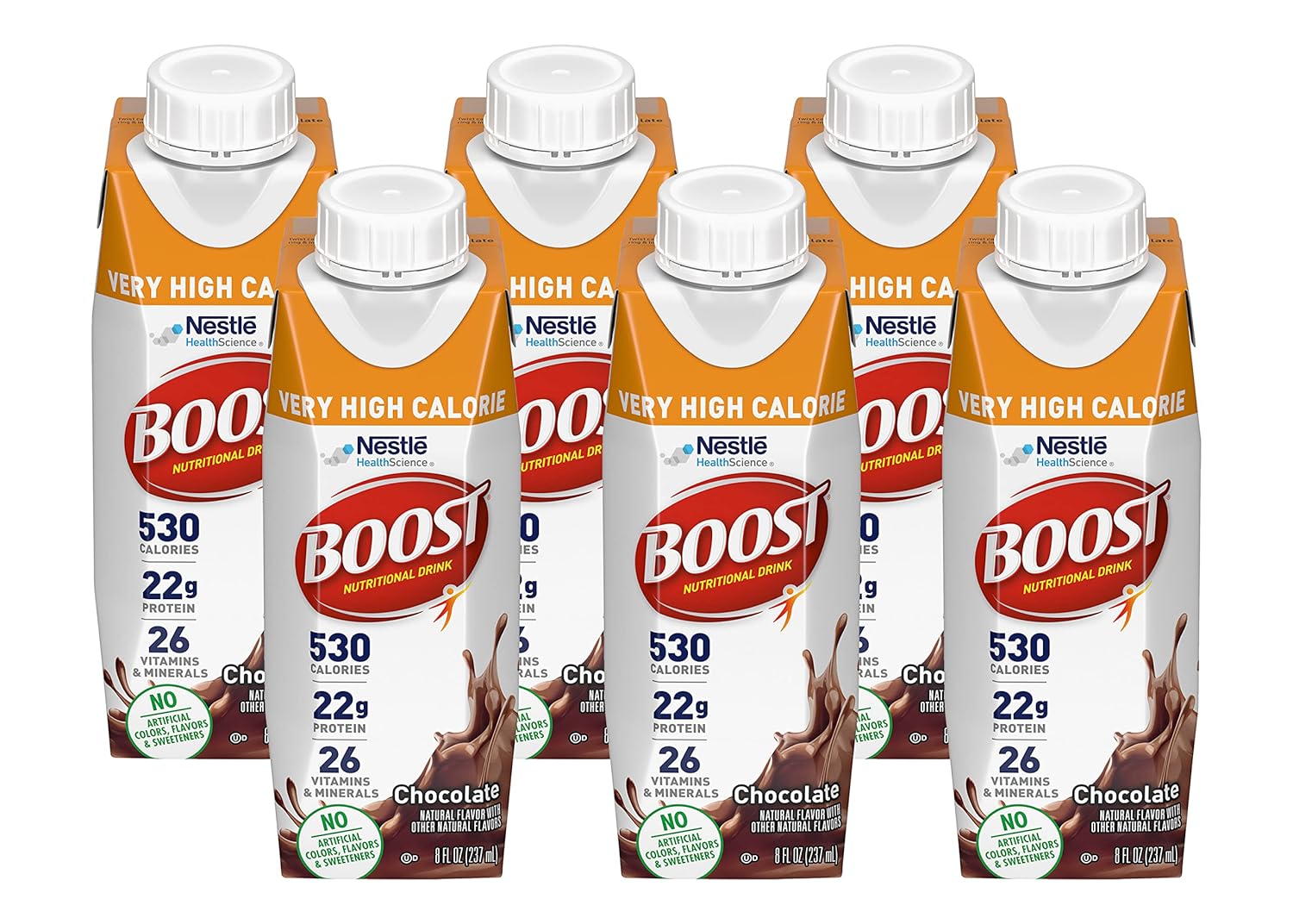 Boost Very High Calorie Nutritional Drink Very Vanilla, Made with Natural Chocolate Flavor & No Artificial Flavors, Colors & Sweeteners, 8 FL OZ (Pack of 6)