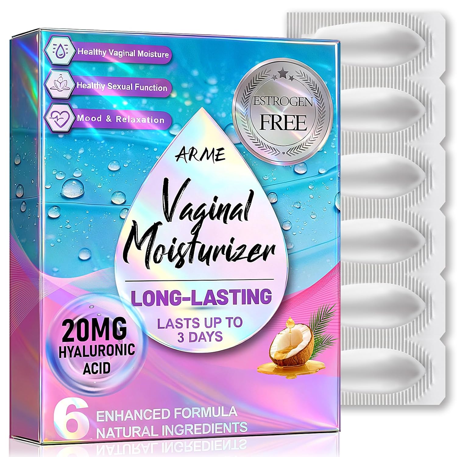 Arme 20MG Hyaluronic Acid Vaginal Moisturizers Suppositories 6 Inserts