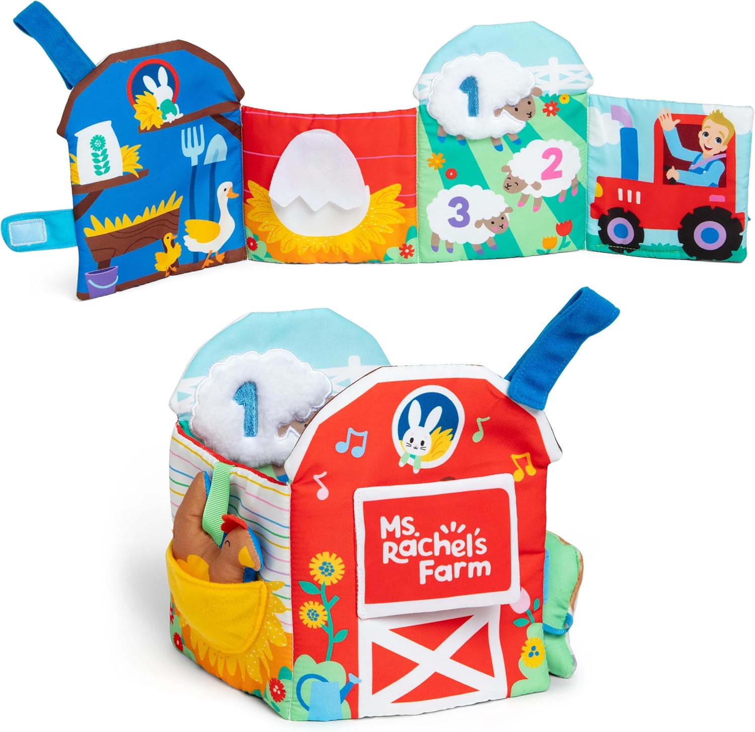 Ms. Rachel Official Sensory Learning Farm, Foldable Soft Baby Book with Plush Cow, Infant Educational Toys for Babies Ages 3 Months to 18 Months