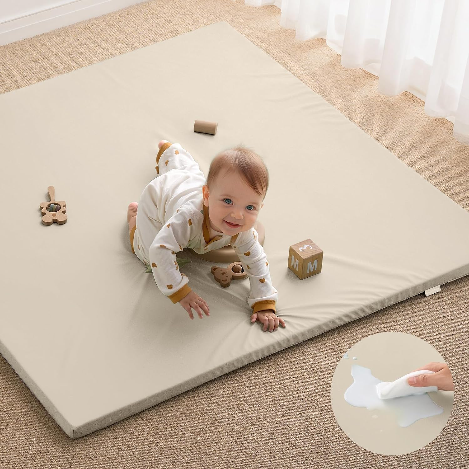 Blissful Diary Vegan Leather Baby Play Mat, 50''x50'', Beige