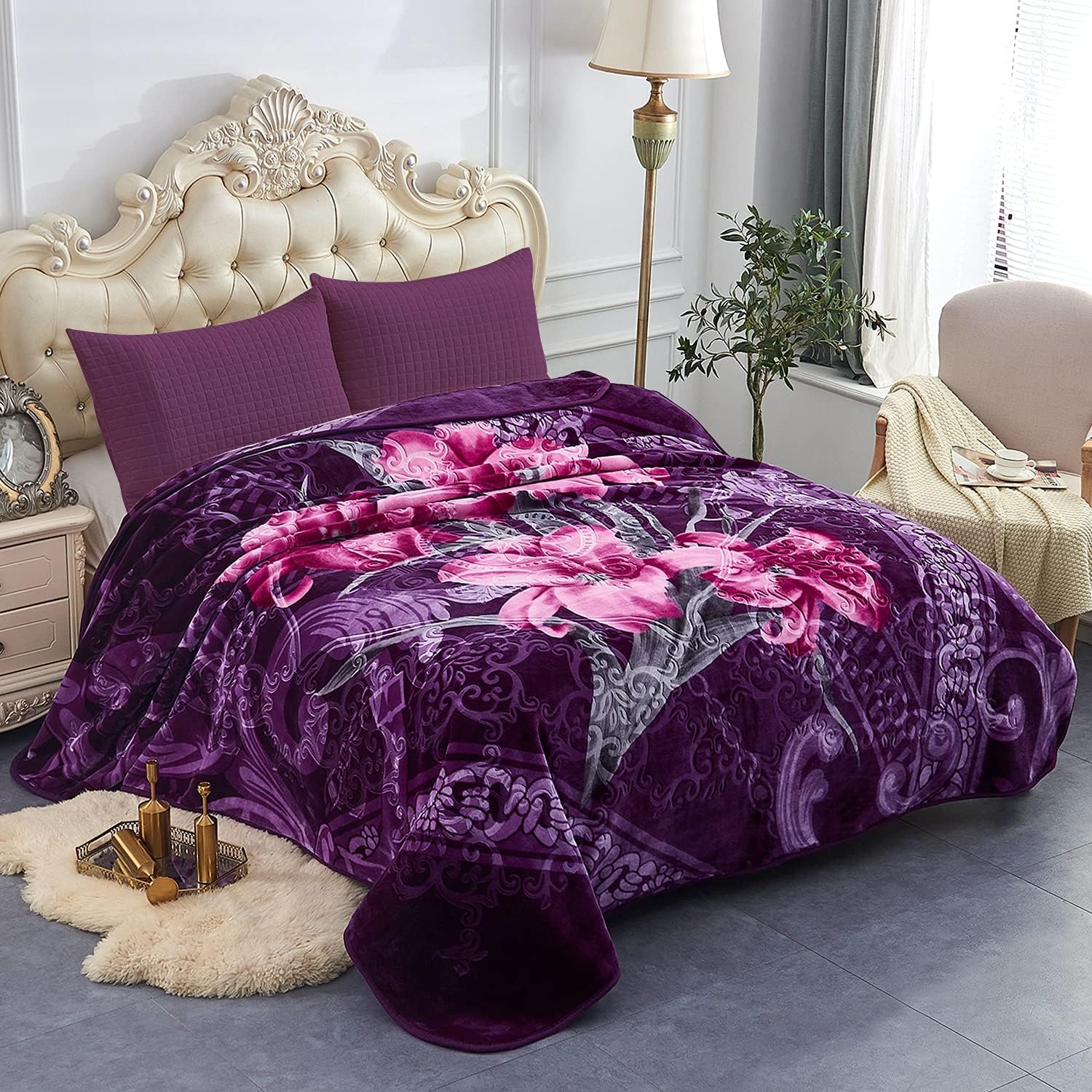 JML Fleece Blanket King Size, Korean Mink Blanket 85 X 95 Inches- 9 Lbs, Single Ply, Soft and Warm, Thick Raschel Printed Mink Blanket for Autumn,Winter,Bed,Home (Printed - Purple Lily)