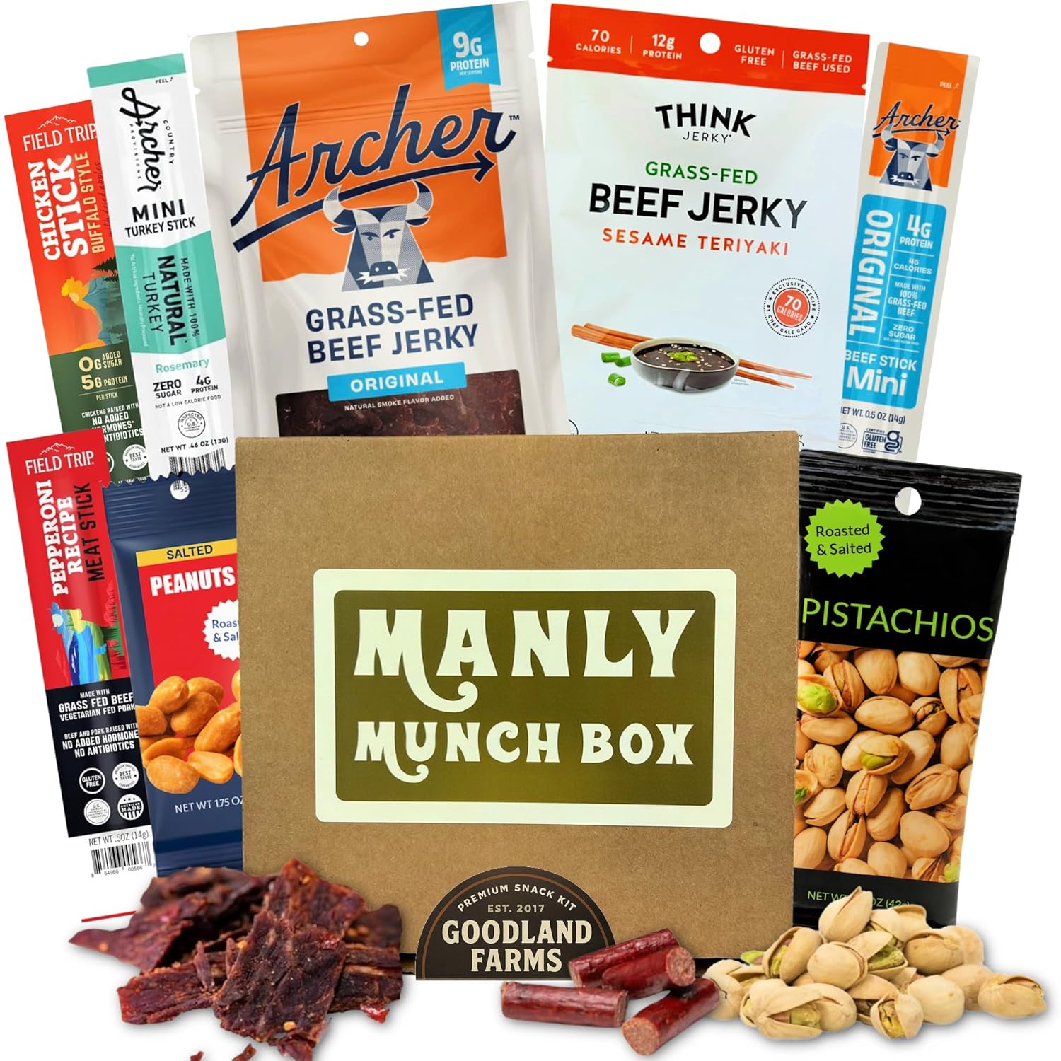Manly Munch Box Jerky Gift Box, Curated Assortment of High Protein Snacks, Beef & Turkey Jerky Variety Pack Gift Set, Exotic Meat Gift for Men & Women