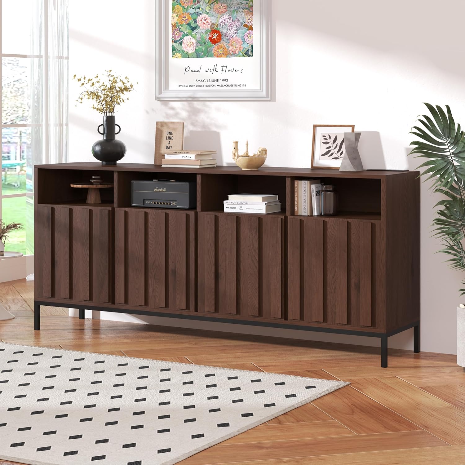 COCO DESIGN 70" Large Storage Buffet Sideboard with Power Outlet, Fluted Panel Doors & Adjustable Shelves, Modern Farmhouse Console for Kitchen Dining Living Room Entryway, Walnut