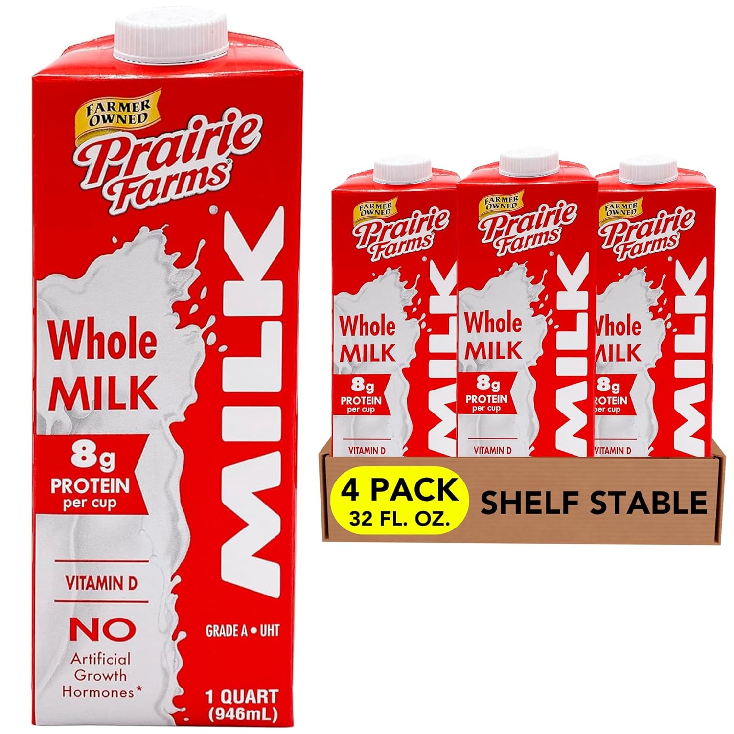 Prairie Farms Whole Milk, Shelf Stable, Boxed & Ultra Pasteurized (UHT), Vitamin D White Milk - Preservative and Hormone Free, Gluten Free, Kosher, Made in USA - 1 Quart (4 Pack)