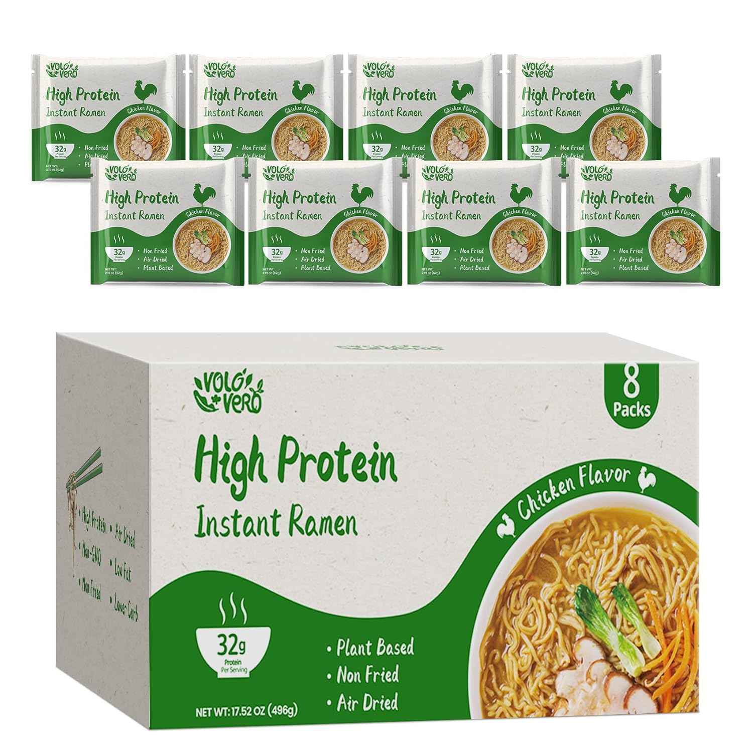 VOLO VERO High Protein (32g) Instant Ramen Chicken Flavor Noodles Soup, Plant-Based, Air-Dried, Non-Fried, Low Carb, Egg-Free, Ready to Eat, Dairy Free Healthy Meal, 8 Pack