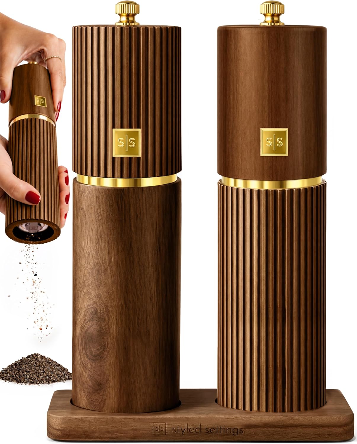 Wooden Salt and Pepper Grinder Set – Refillable Manual Salt and Pepper Mills with Adjustable Ceramic Burrs, Gold Detailing, and Wood Stand – Dark Wood