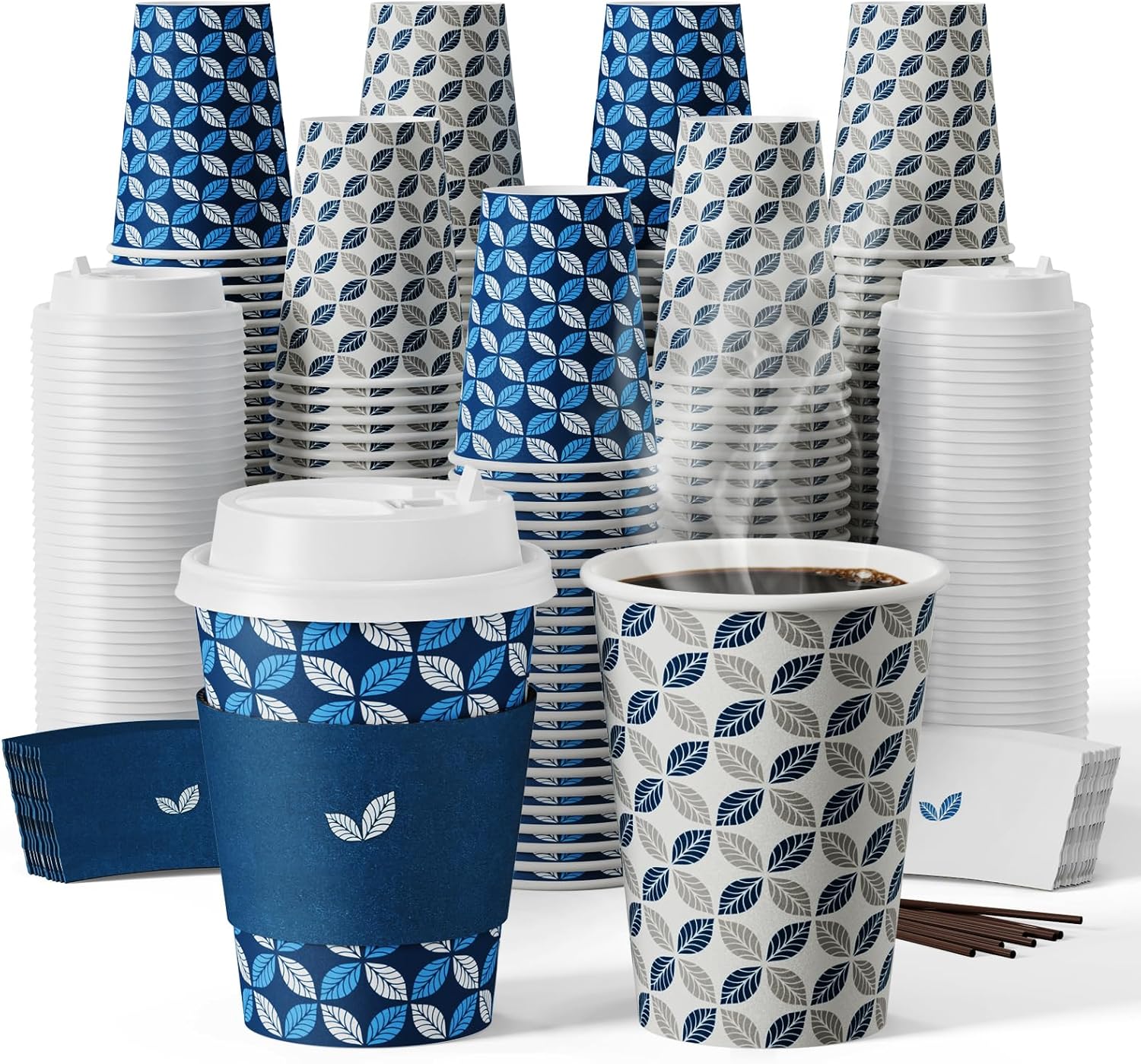 JOLLY CHEF 100 Pack 12 oz Paper Coffee Cups, Disposable Printed Paper Drinking Cups with Lids, Sleeves and Stirrers for Home, Business, Restaurant and Cafe (Blue Leaf and Grey Leaf)