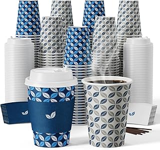 JOLLY CHEF 100 Pack 12 oz Paper Coffee Cups, Disposable Printed Paper Drinking Cups with Lids, Sleeves and Stirrers for Home, Business, Restaurant and Cafe (Blue Leaf and Grey Leaf)