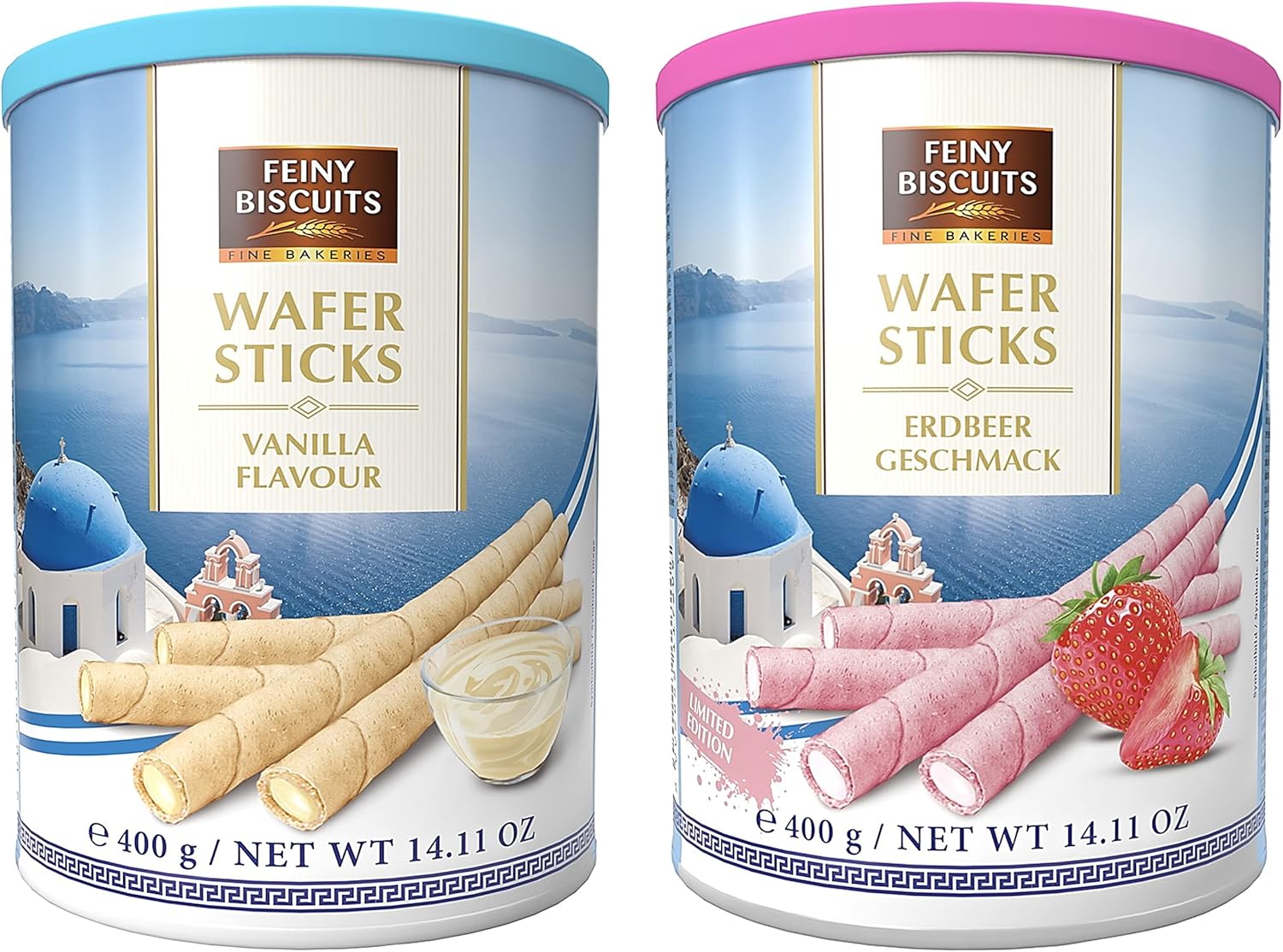 2 Pack Wafer Rolls Selection (400g x 2) - Strawberry flavoured cream Wafer Rolls 400g + Vanilla flavoured cream Wafer Rolls 400g