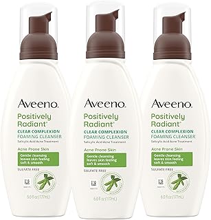 Aveeno Clear Complexion Foaming Oil-Free Facial Cleanser with Salicylic Acid Acne Medication for Breakout-Prone Skin & Soy Extracts, Hypoallergenic & Non-Comedogenic, 6 fl. oz, Pack of 3