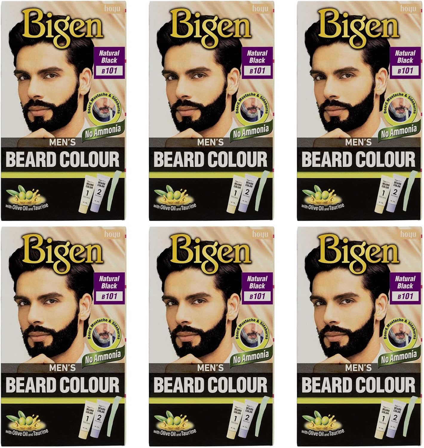 6 x Bigen Men's Beard Colour | No Ammonia Formula with Aloe Extract & Olive Oil - 101 Natural Black