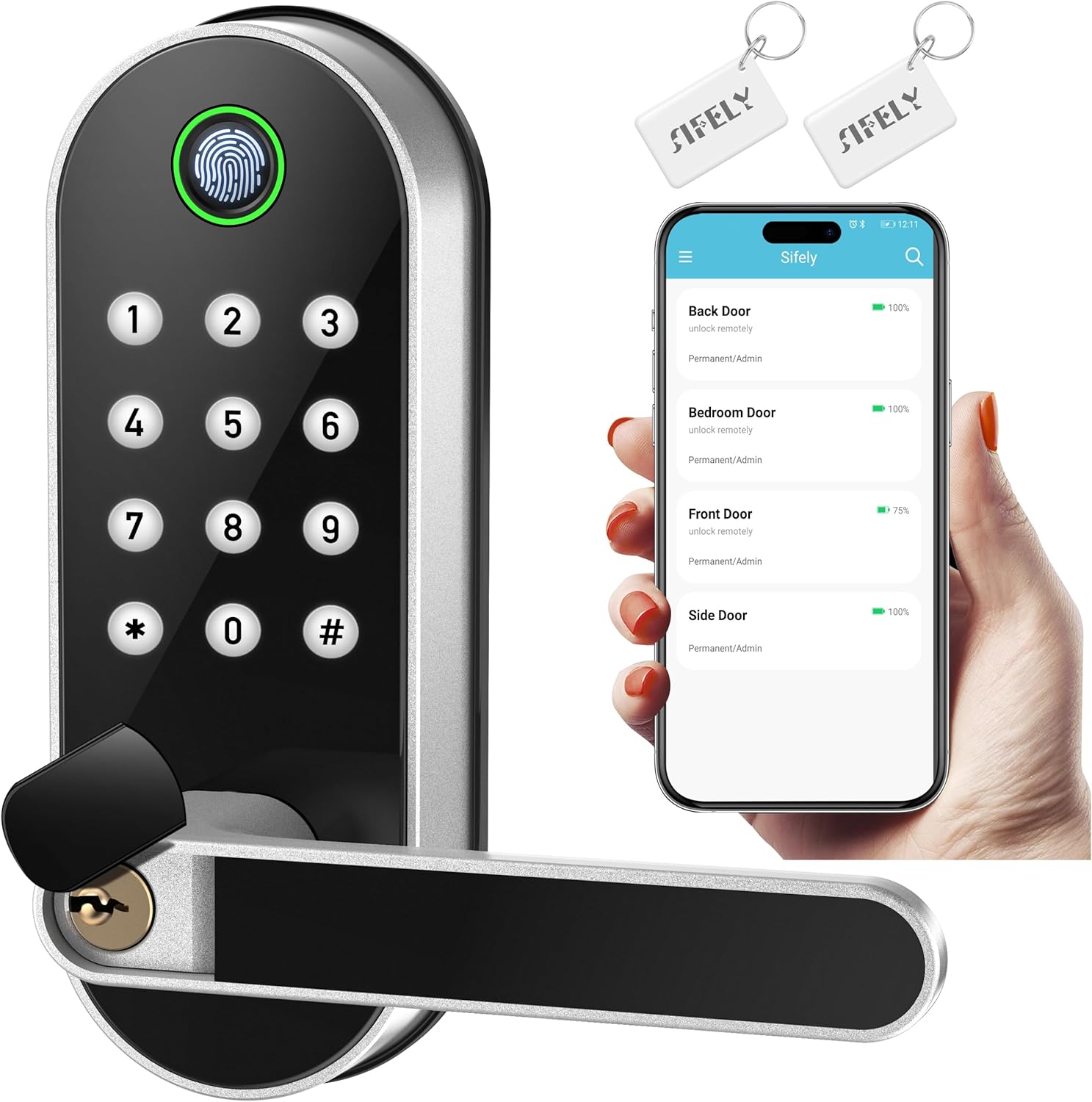 Keyless-Entry Fingerprint Smart Door Lock: Sifely Digital Electronic Lock with Code Passcode, Electric Door Knob, Biometric Door Handle, Perfect for Exterior/Interior/Entry/Bedroom Doors (Silver)