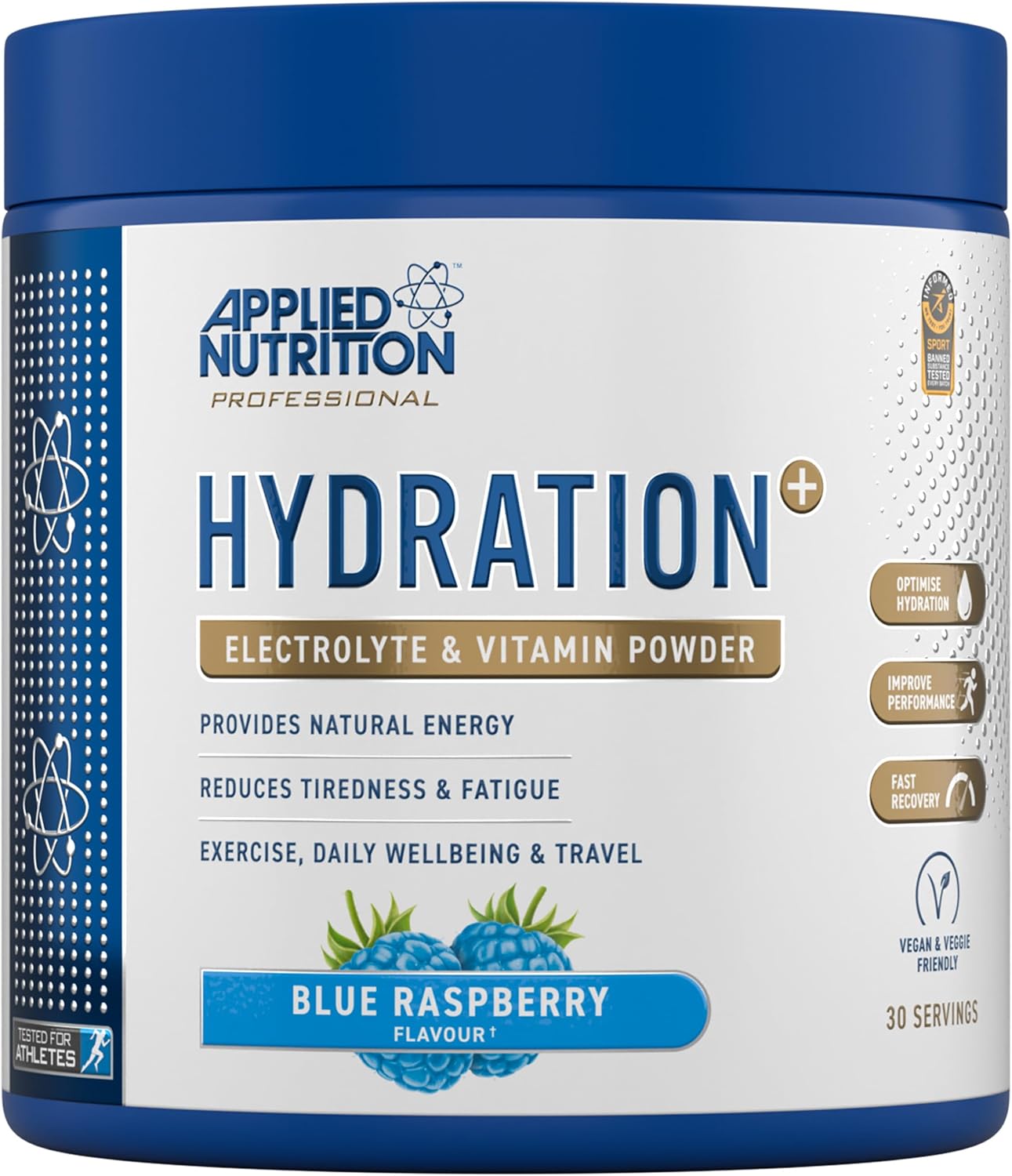 Applied Nutrition Hydration+ Electrolytes and Vitamin Powder Sugar-Free Hydration Drink Mix for Energy Recovery and Electrolyte Replenishment Blue Raspberry - 240g (30 Servings)
