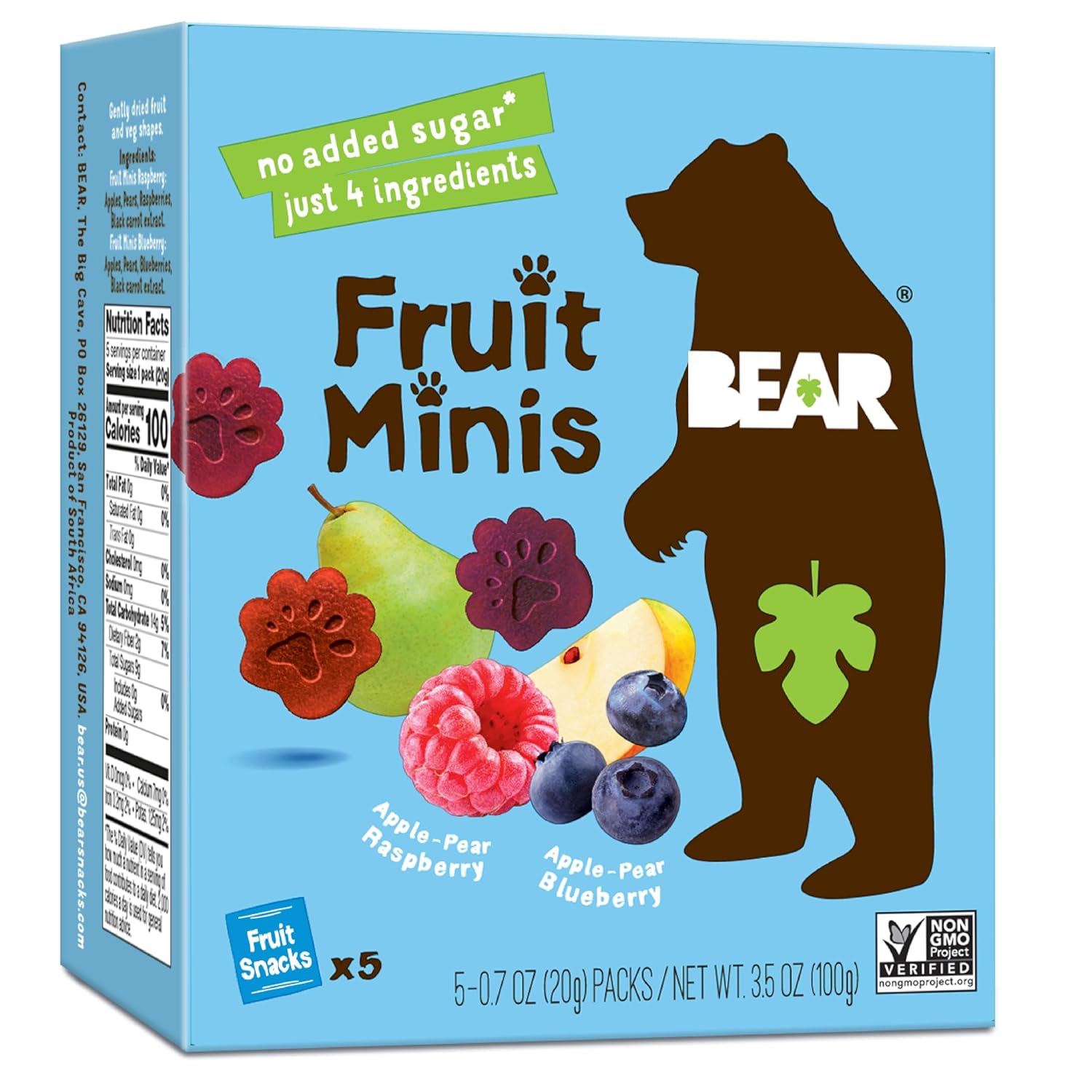BEAR Real Fruit Snack Minis, Raspberry/Blueberry, No added Sugar, All Natural, Bite Sized Snacks for Kids, Non GMO, Gluten Free, Vegan, 3.5 OZ