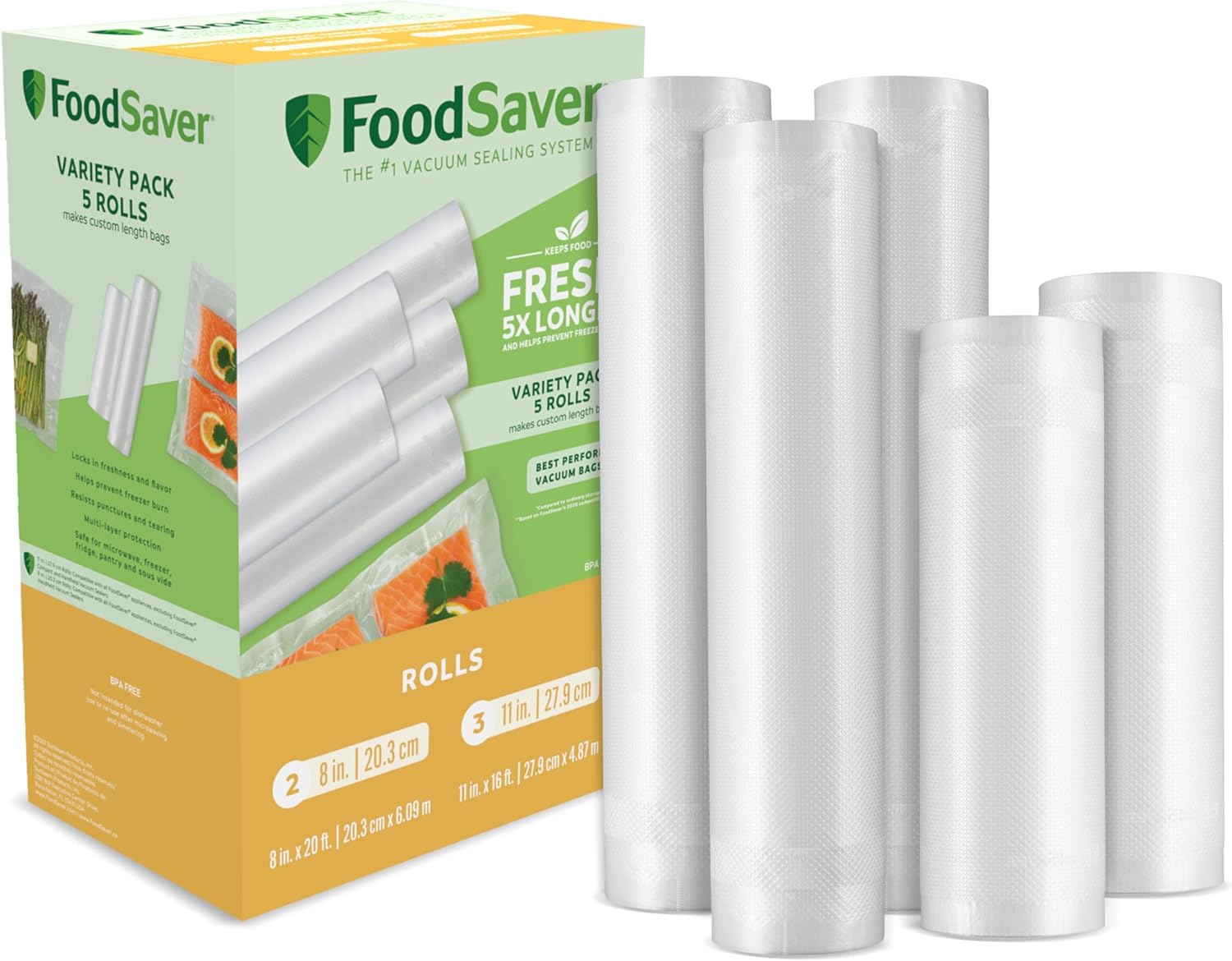 FoodSaver Custom Length Vacuum Sealer Bags Multipack, 5 Count Rolls for Airtight Food Storage and Sous Vide - Compatible with FoodSaver, 8 (2 Pack) and 11 (3 Pack)