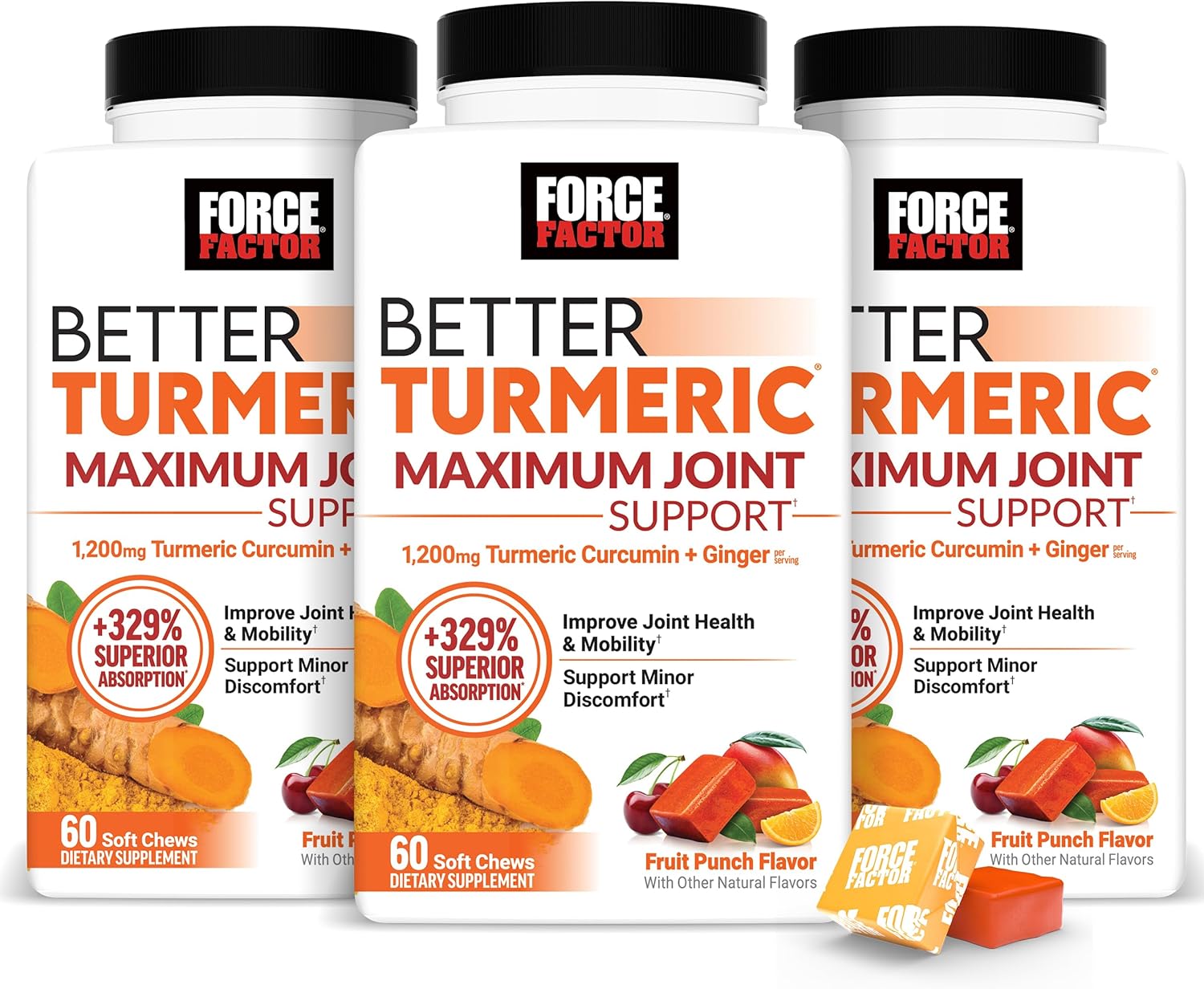 FORCE FACTOR Better Turmeric Maximum Joint Support, 1075mg Curcumin with Ginger to Support Mobility, Flexibility & Comfort, More Convenient Than Turmeric Gummies, Fruit Punch, 180 Soft Chews, 3-Pack