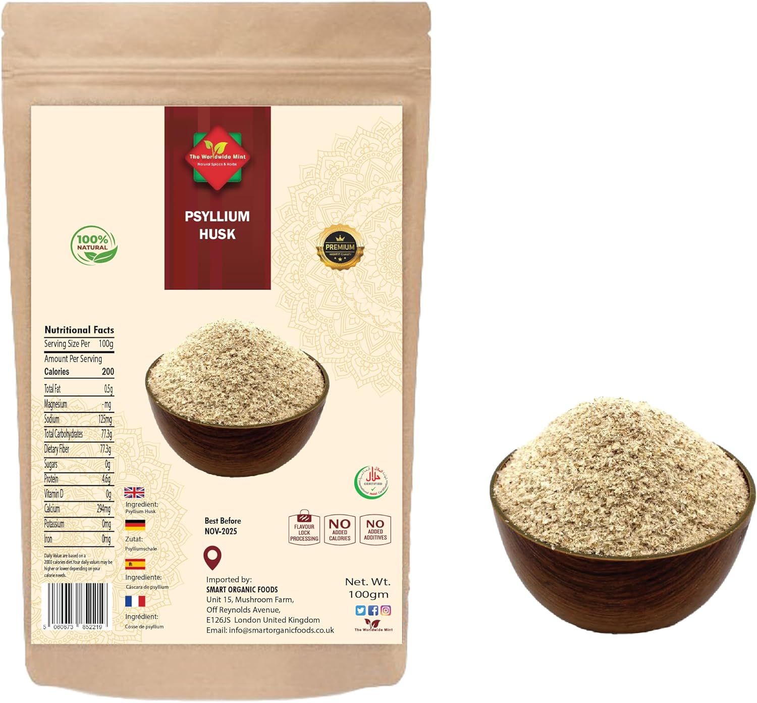 Psyllium Husk (100g/3.52oz) Easy Mixing Fiber Supplement, Finely Ground & Non-GMO Powder for Promoting Regularity