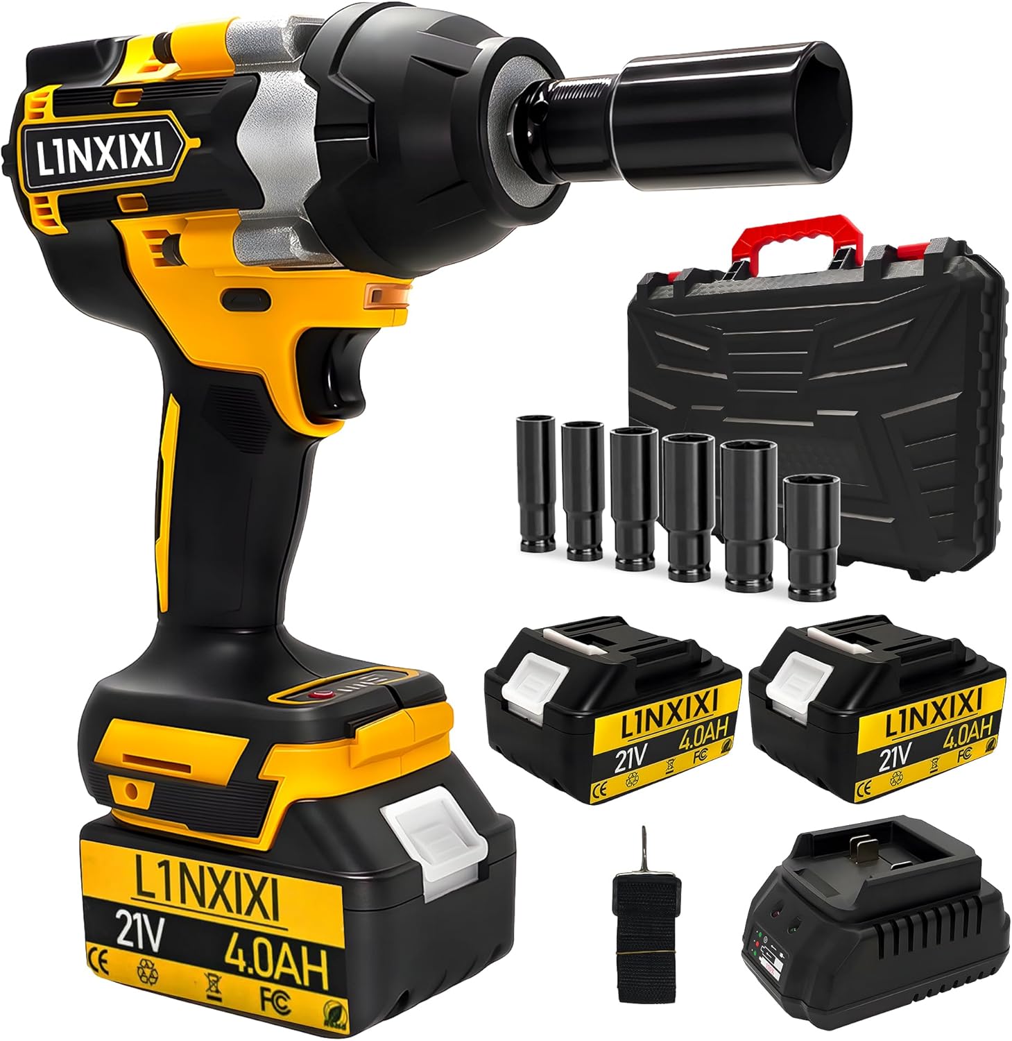 1/2 Cordless Impact Wrench, 1/2 Inch Impact Drive with Brushless Motor, 1000N.m(740Ft-Lbs), 3300PRM, Electric Impact Wrenches with Battery and Charger, 6 Sockets