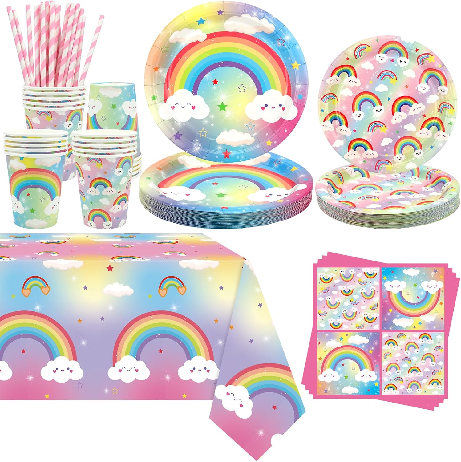 Obussgar Rainbow Party Decoration - Rainbow Birthday Party Tableware Supplies Includes Plates, Cups, Napkins, Tablecloth, Straws - Serves 20