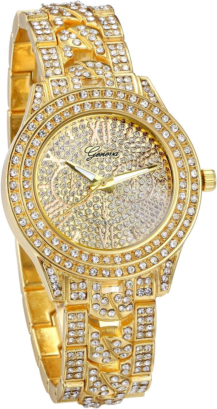 JewelryWe Men Watches Gold Tone Alloy Quartz Watch Stylish Rhinestone Business Casual Dress Wristwatches for Christmas