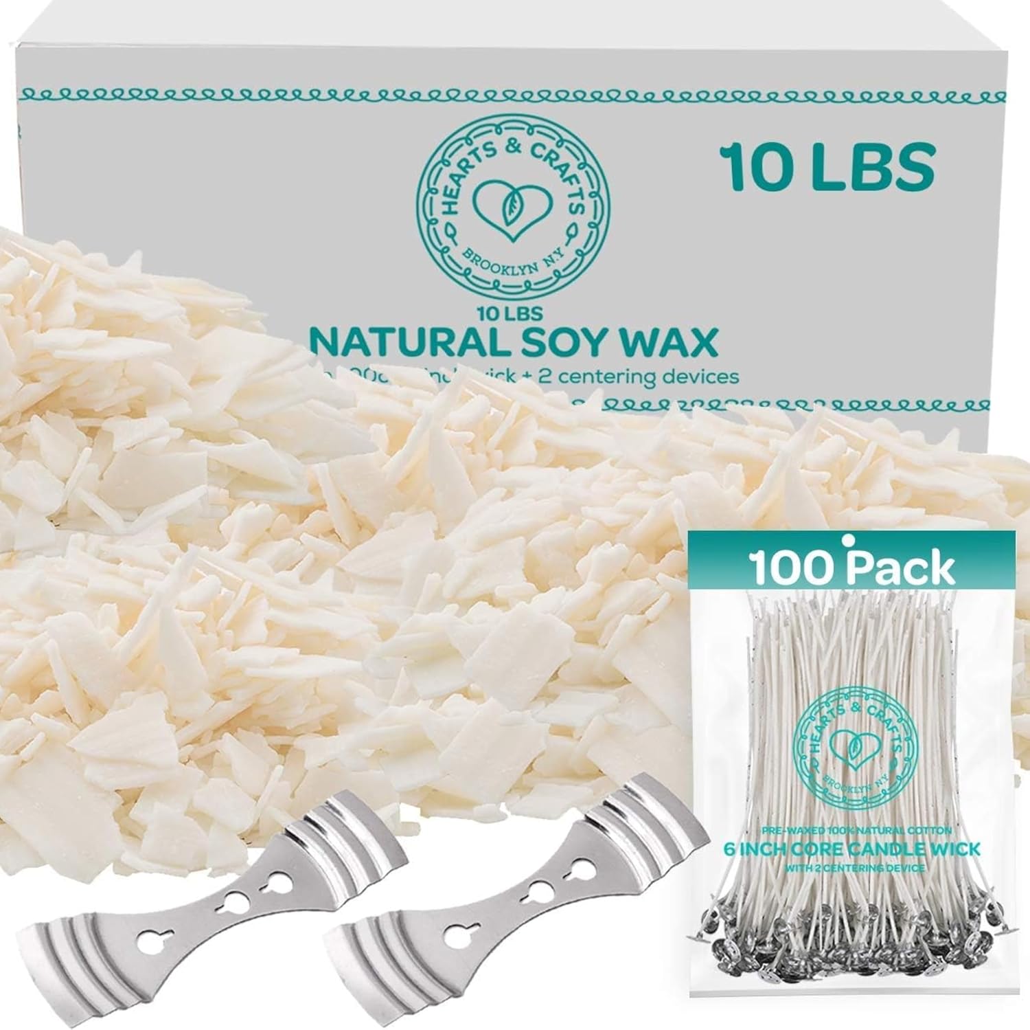 Hearts & Crafts Candle Wax - Soy Wax for Candle Making Kit - 10 lbs Wax Flakes, 100 Pieces 6-Inch Candle Wicks, 2 Metal Centering Devices - Soy Candle Wax Bulk and DIY Candle Making Supplies