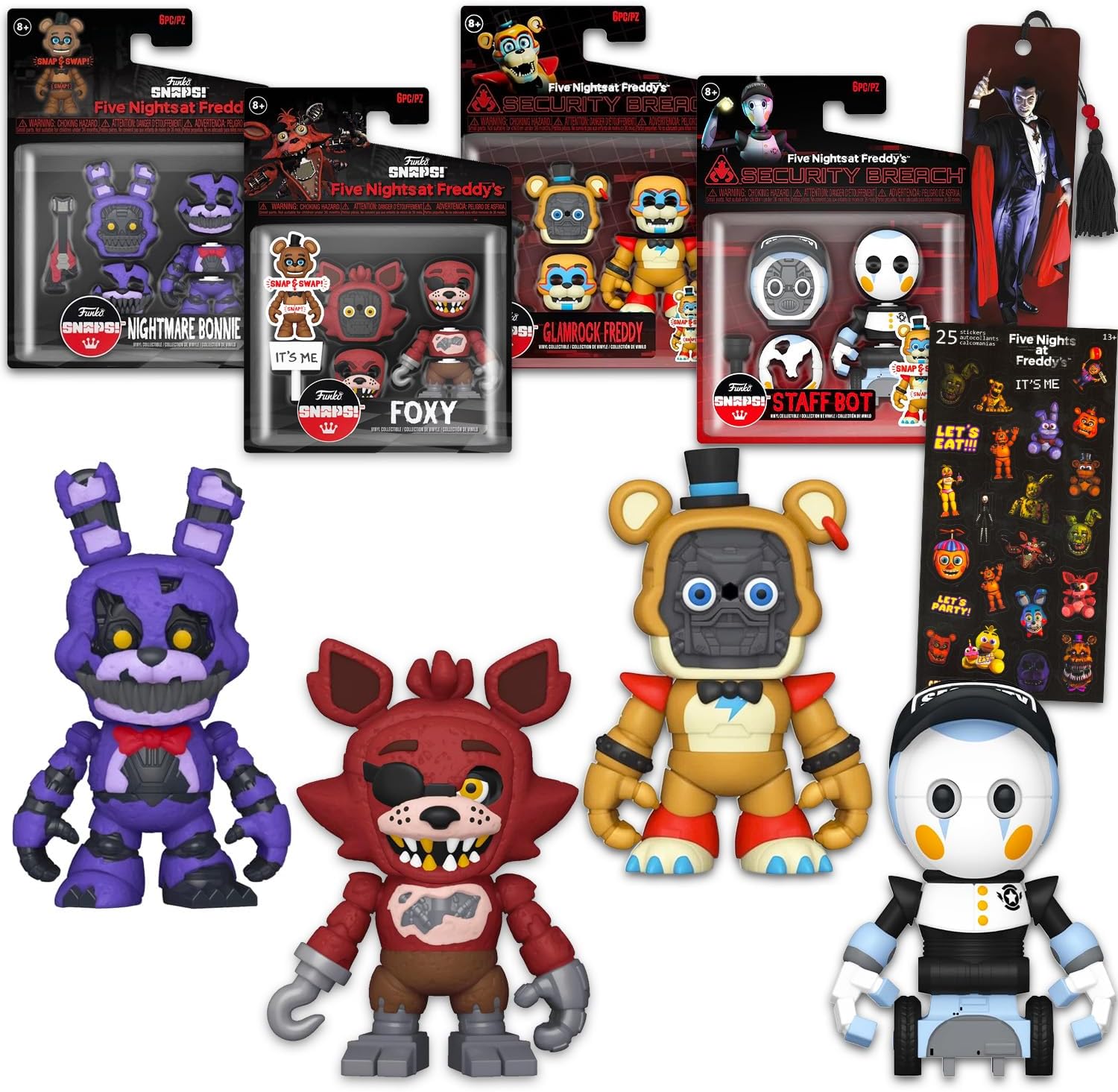 Five Nights at Freddy's Snaps Security Breach Toys Set - Bundle with 4 FNAF Mini Figures Plus Stickers, More | Five Nights at Freddy's Snaps Figurines for Kids Set