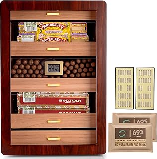 Cigar Humidors, Cedar Wood Humidor with Digital Hygrometer, Drawers, Humidifiers and Gold-Plated Hardwares. Cigar humidor Cabinet for Men Husband Father, 300 Cigars Capacity Walnut Color