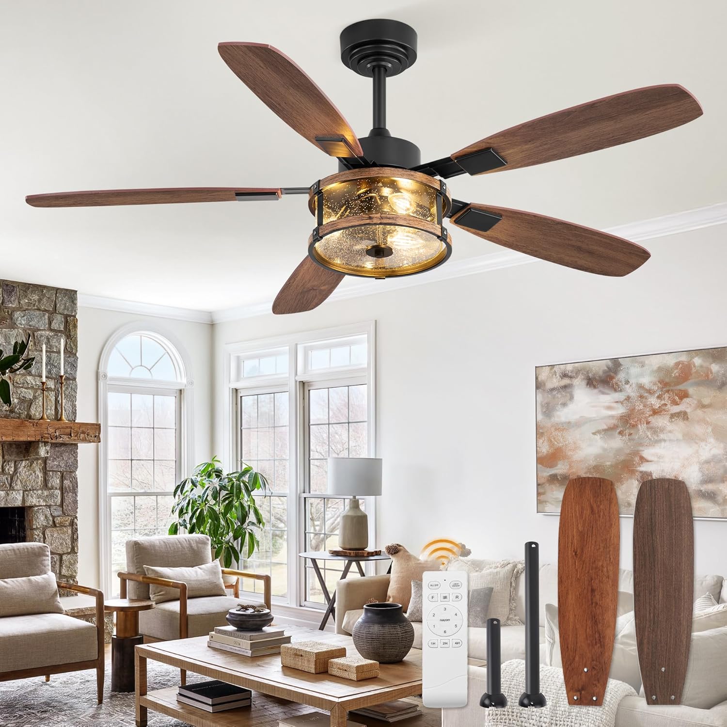 Farmhouse Ceiling Fan with Light and Remote, 52" Black Rustic Flush Mount Ceiling Fans for Bedroom Living Room, Industrial Caged Ceiling Fan for 6 Speed Reversible Motor, 5 Dual Blades