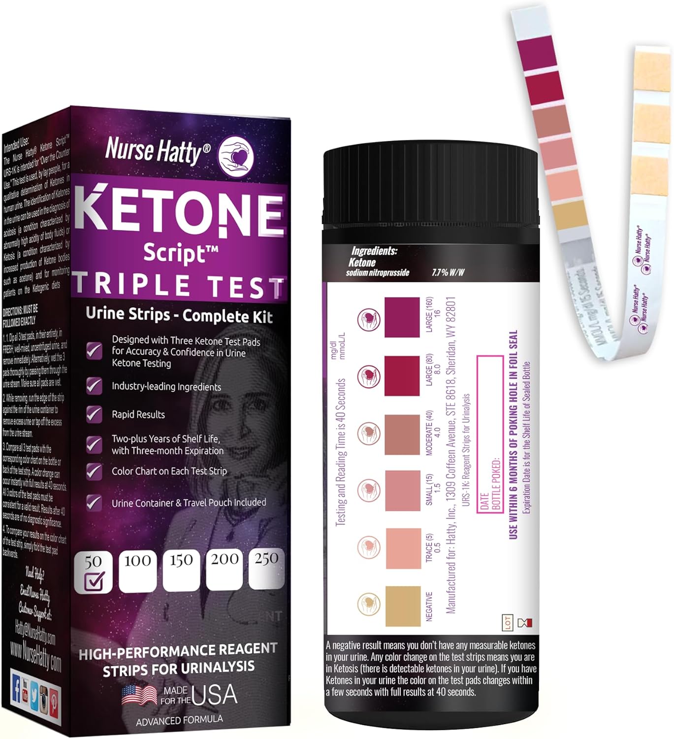 50ct ✓✓✓ T R I P L E Test Ketone Strips | Complete KIT | 3X Urine Accuracy for Ketogenic, Ketosis, Low-carb, Paleo & Keto Diets | Urinalysis Test Tube, Travel Pouch & Built-in Color Chart | XL Strip
