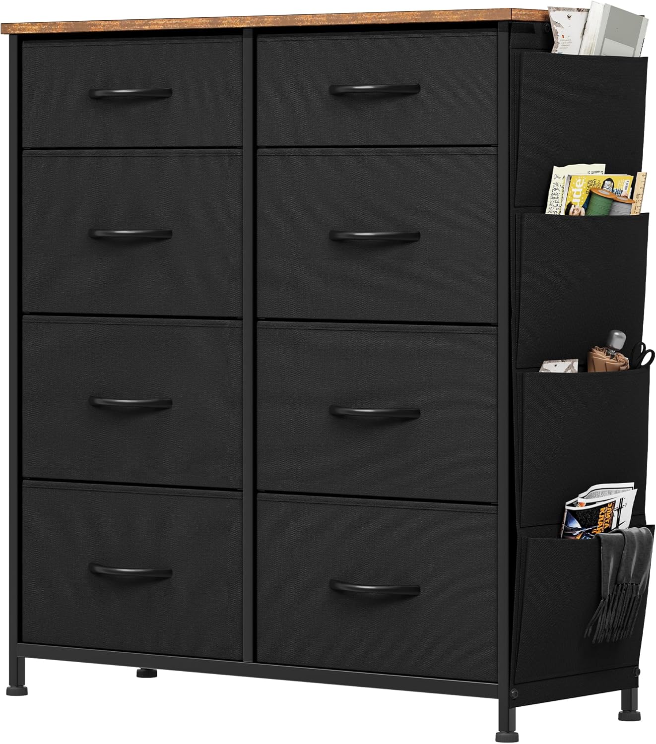 YITAHOME Chest of Drawers, Dresser with side pockets & hooks, Fabric 8 Drawers with Handles, Metal Frame, Wood Top, for Bedroom,Living Room,Hallway, Black