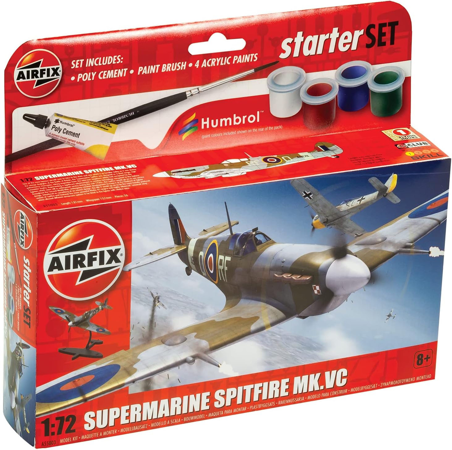 Airfix Starter Set - A55001 Supermarine Spitfire MkVc Model Building Kit - Plastic Model Plane Kits for Adults & Children 8+, Set Includes Decals, Paints, Brushes & Poly Cement - 1:72 Scale Model