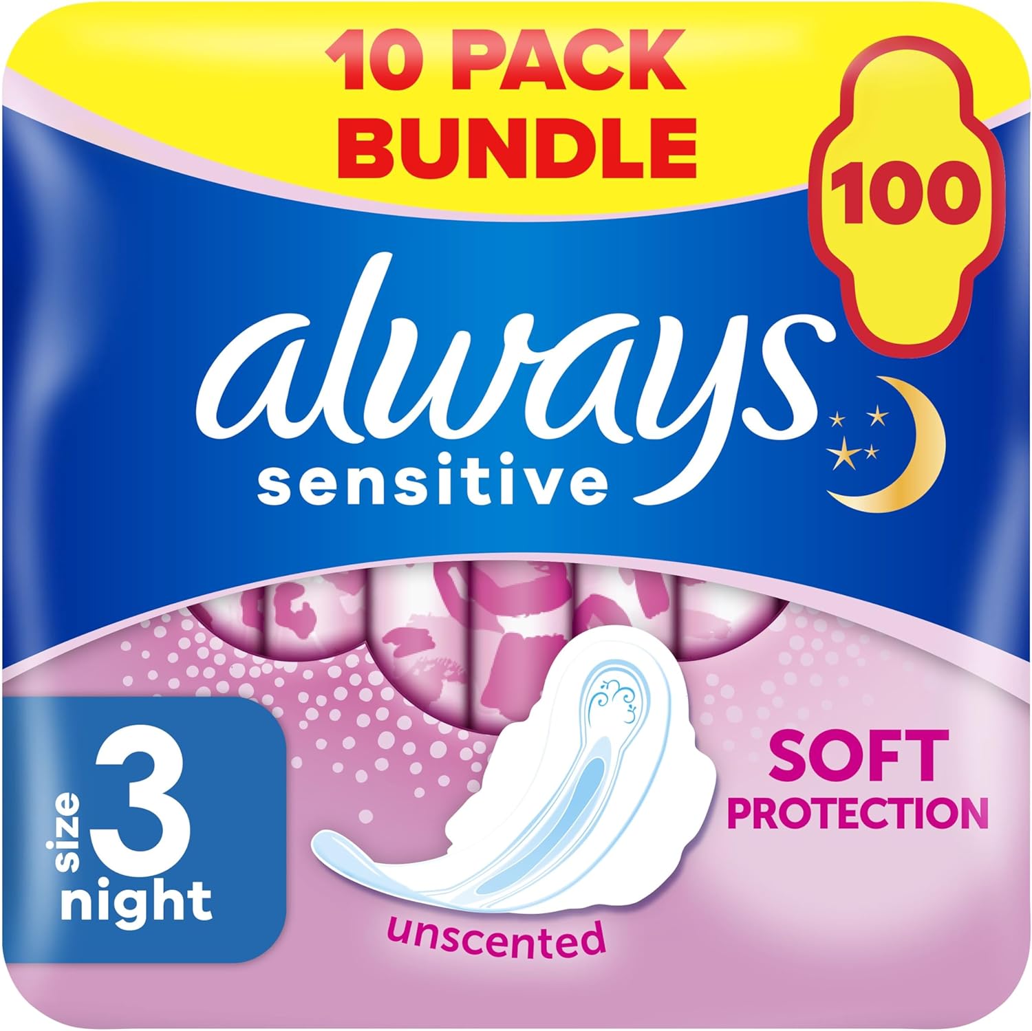 Always Sensitive Ultra Night Sanitary Towels with Wings, Size 3, 100 Towels (10 x 10 Packs), Saving Box, Odour Neutraliser, Super Absorbent Core