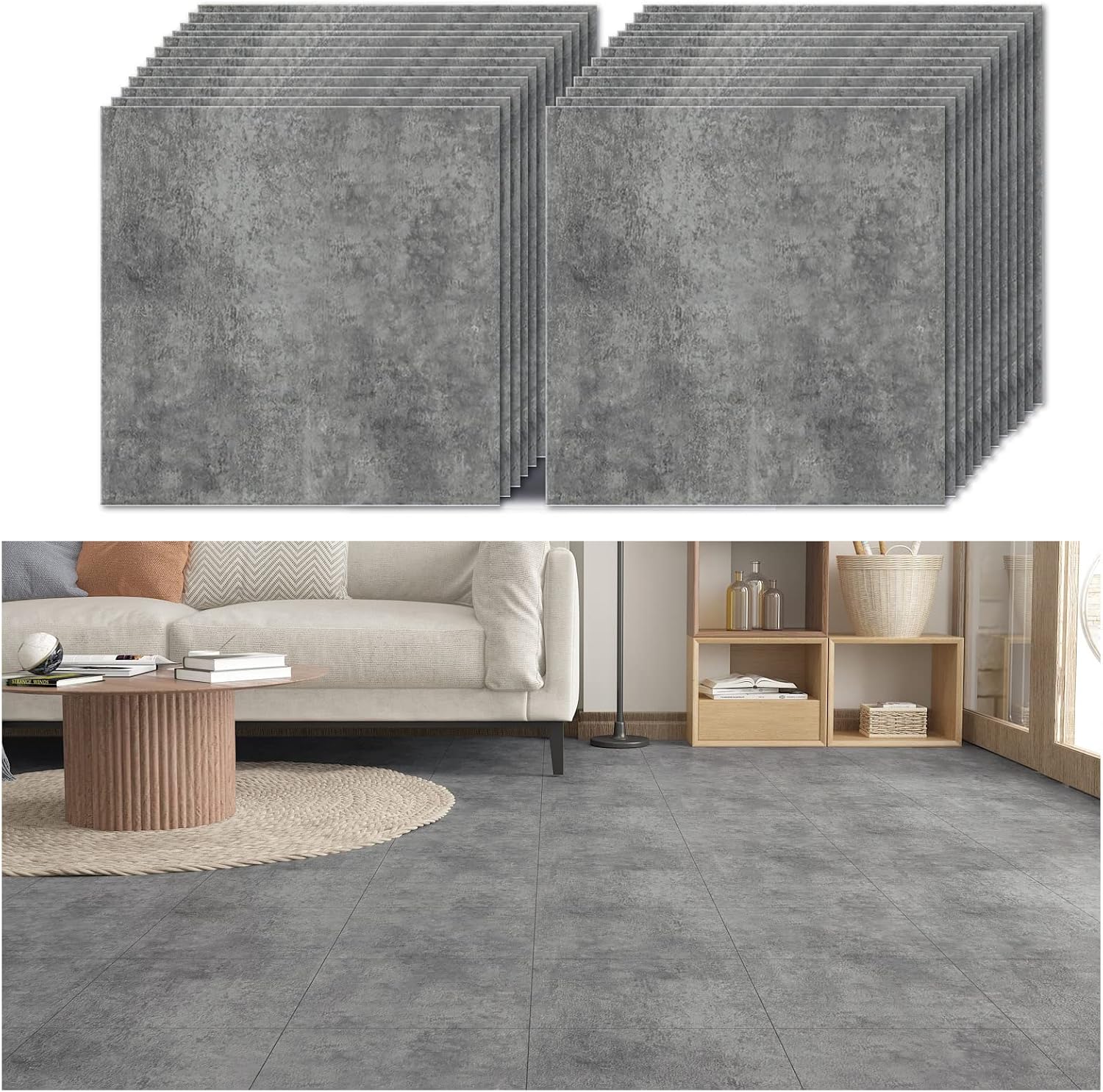 VEELIKE Self Adhesive Floor Tiles Concrete Effect Vintage Grey Vinyl Flooring Peel and Stick Floor Tiles Living Room Floor Stickers Garge Lino Flooring Tiles Stickers Removable 30cm x 30cm 24 Pieces