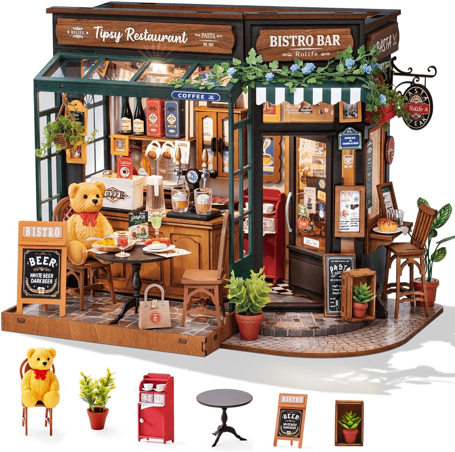 Rolife DIY Miniature Coffee Bar Dollhouse Kit Creative Gift for Adults