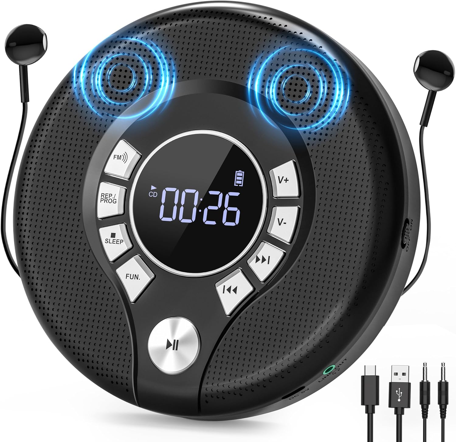 Portable CD Player with 2000mAh Rechargeable Battery, Personal CD Player for Car with AUX,CD Discman Player with Headphone,USB Port,Dual Speaker,FM Transmitter,Anti-Skip Protection,Backlight