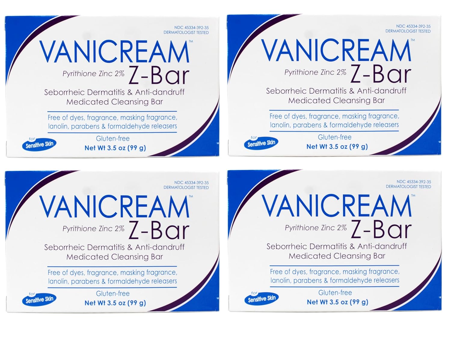 Vanicream Z-Bar Medicated Cleansing Bar, Pyrithione Zinc 2% for Seborrheic Dermatitis & Dandruff, Soap-Free, Gluten-Free, 3.5 oz (Pack of 4)