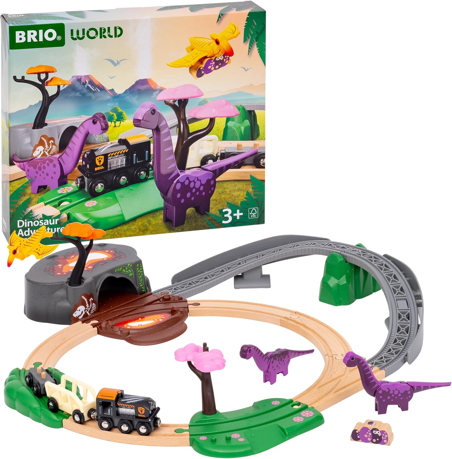 BRIO World Dinosaur Adventure Set - 21-Piece FSC-Certified - Wood Train Set & Accessories - Works with All BRIO Railway Sets - Dinosaur Train Engine, 2 Wagons, Dinosaurs, Tracks & More - Ages 3+