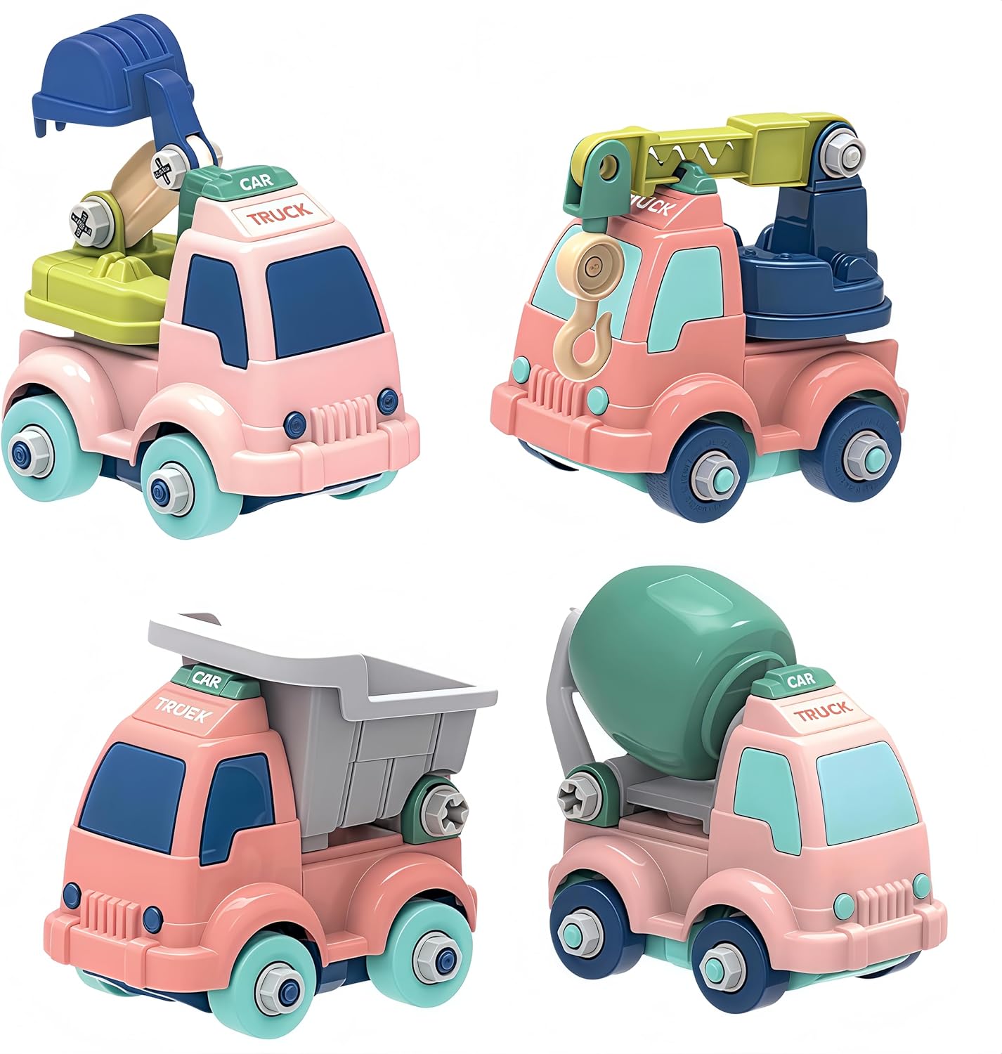 Kids Car Toys for Boys Girls Birthday, Take Apart Construction Truck Play Set 4 Packs (Cute Editioin)