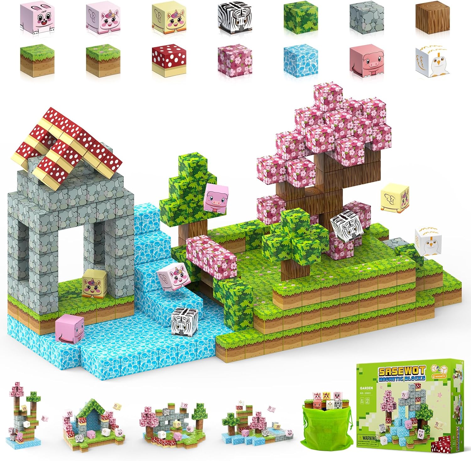 Magnetic Blocks,108PCS Magnetic Tiles Building Blocks,Build Mine Magnet World Garden Set,Toddler STEM Sensory Construction Toys 3 4 5 6 7 Girls Boys Christmas Birthday Gifts for 3+ Years Old Kids
