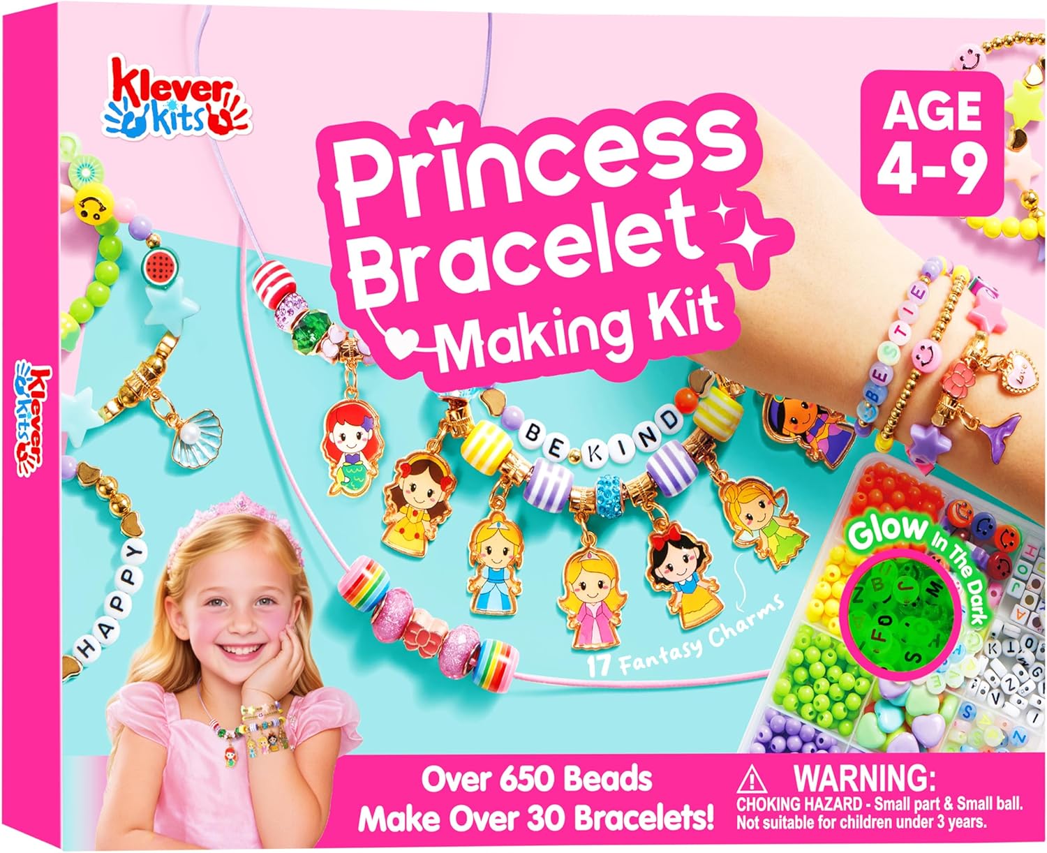 Klever Kits Princess Bracelet Making Kit, Jewelry Making Kit, Bracelets for Girls, Crafts for Kids, 4 Year Old Girl Birthday Gifts, Over 650 Beads, Make 30+ Designs