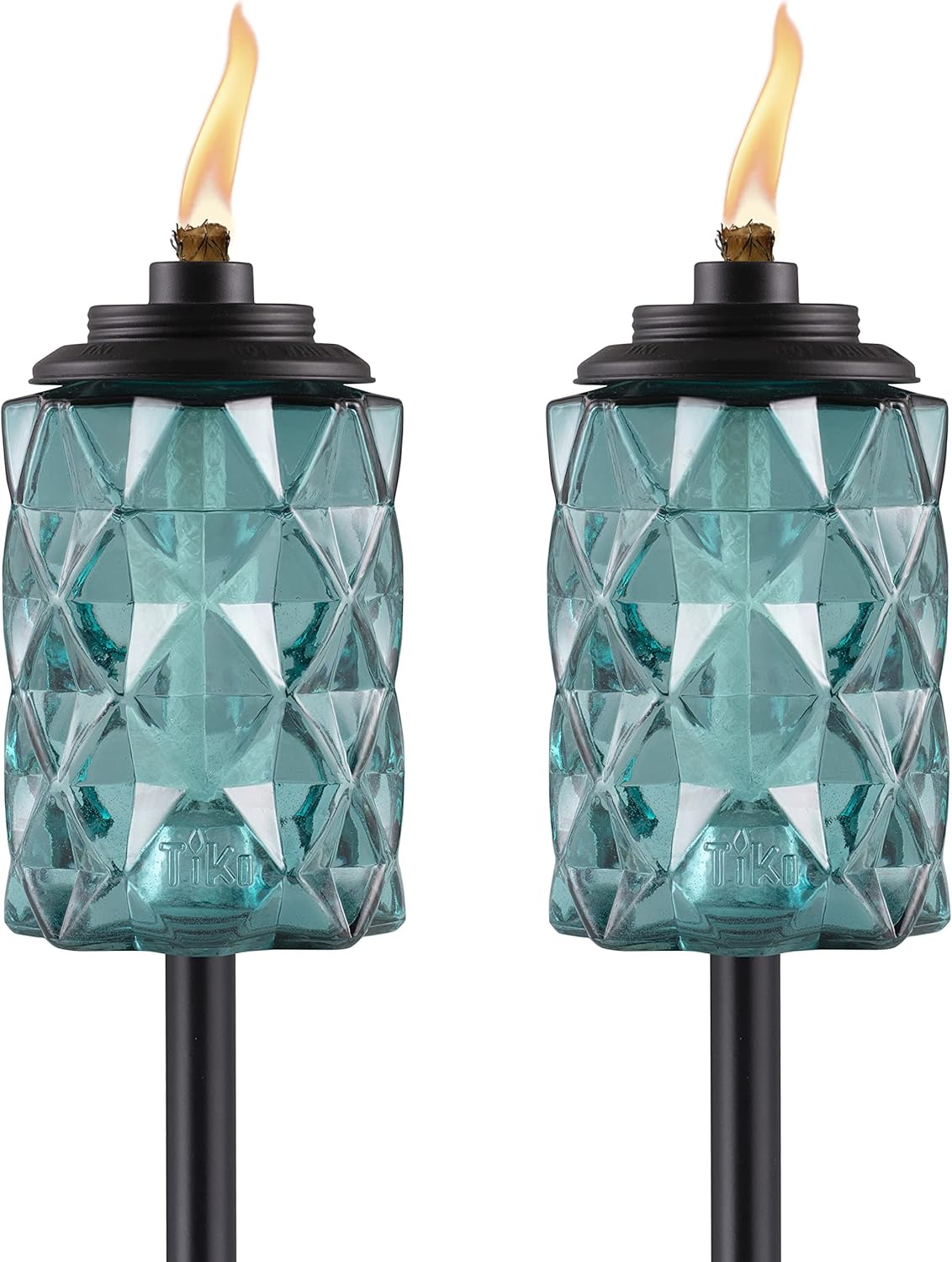 TIKI 2-Pack Topaz Blue Glass Torches – 65" Outdoor Decorative Torches for Patio, Backyard & Garden – Easy Install, Weather-Resistant with Long-Lasting Wick & Snuffer