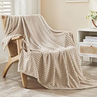 EMME Fleece Blanket Twin Size Luxury Flannel for Couch Bed Sofa Chair, Soft, Plush, Warm and Cozy Blanket with Geometric Grid Design (Beige, 60'' x 80'')