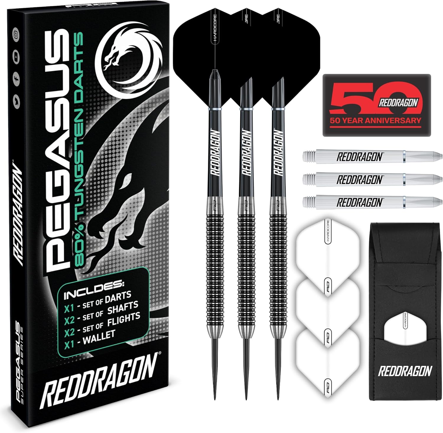 RED DRAGON Pegasus Professional Tungsten Steeltip Darts Set Available in 21, 23, 24, 25, 26, 28, 30 Gram with Flights, Stems (Shafts) and Wallet