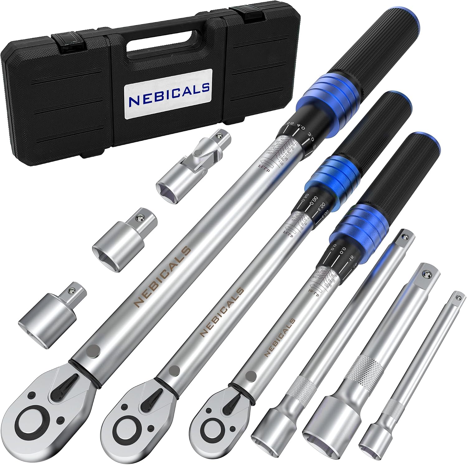 9PCS 1/4 3/8 & 1/2 Torque Wrench Set,Long Lifetime, Precise Click Mechanism