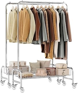 2-Set Clothing Racks for Hang Clothes with Basket, Garment Rack Rolling on Wheels, Heavy Duty Clothes Organizer Pants Scarves Dress Suits, Silvery,Commercial Set of 2